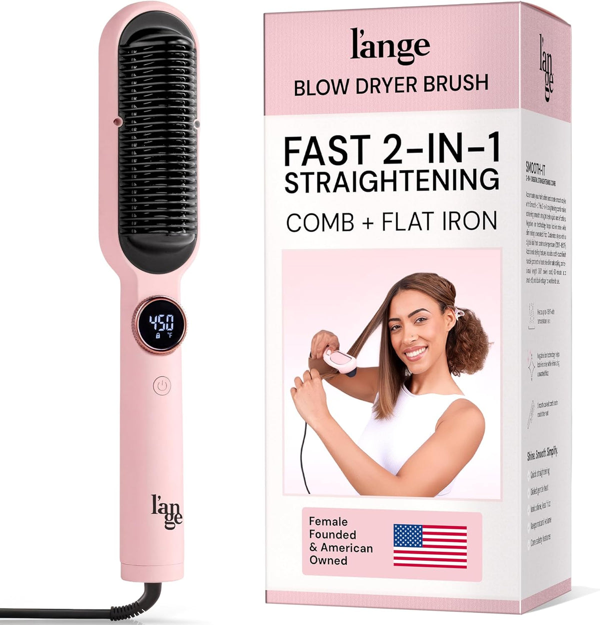 L'ANGE HAIR Smooth It 2-in-1 Hair Straightener Brush with Digital Temperature Dial Up to 450°F | Frizz Control Straightening Comb | Quick Styling Hot Brush for All Hair Types | Auto Shut-Off | Blush