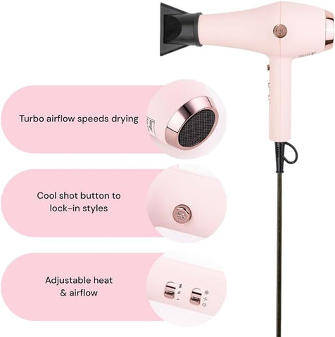 L’Ange Hair Soleil Professional Hair Dryer | Fast Drying Ionic Blow Dryer for Frizz-Free Results | 3 Heat Settings with Cool Shot Feature | Lightweight Hairdryer with Concentrator 1875W | Blush