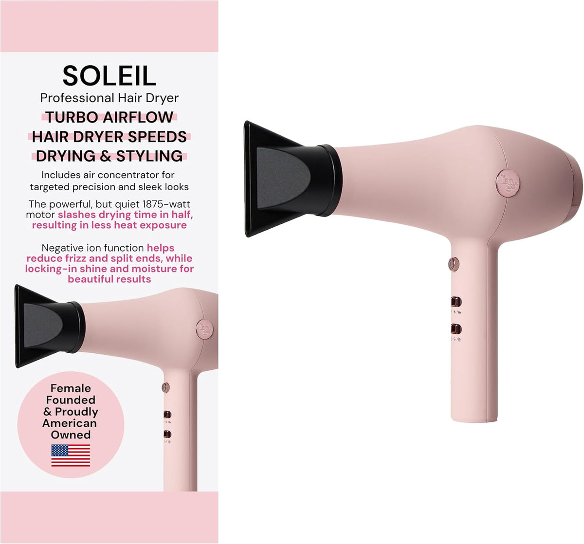 L’Ange Hair Soleil Professional Hair Dryer | Fast Drying Ionic Blow Dryer for Frizz-Free Results | 3 Heat Settings with Cool Shot Feature | Lightweight Hairdryer with Concentrator 1875W | Blush