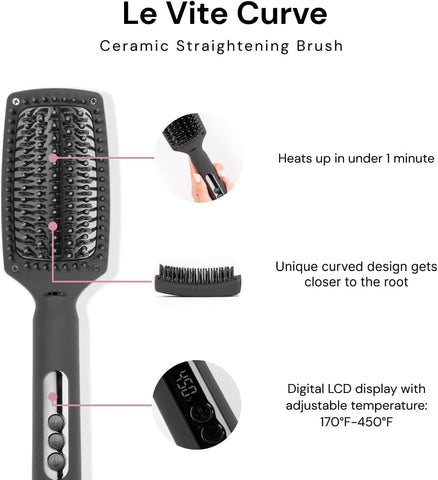 L'ANGE HAIR Le Vite Curve Ceramic Straightening Brush | Heated Straightener Flat Iron for Smooth, Anti Frizz Hair | for All Hair Lengths | Hot Styling Brush for Effortless Straightening (Black)